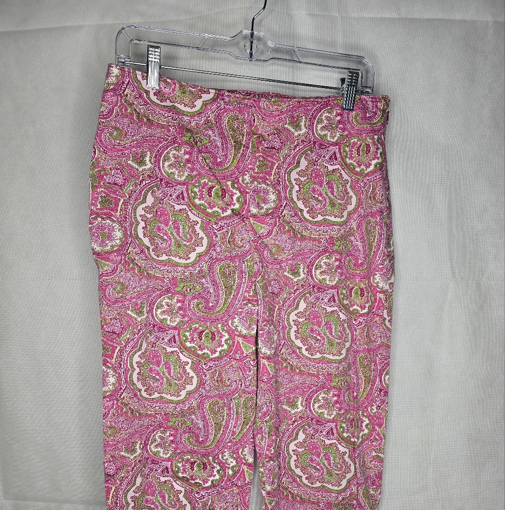 Talbots Crop Pants Pink Green Paisley Classic Side Zip Split Cuff Cotton Stretch